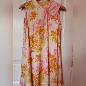 1960s,oriental Inspired Floral Sleeveless Dress - Pink, Orange, and Cream